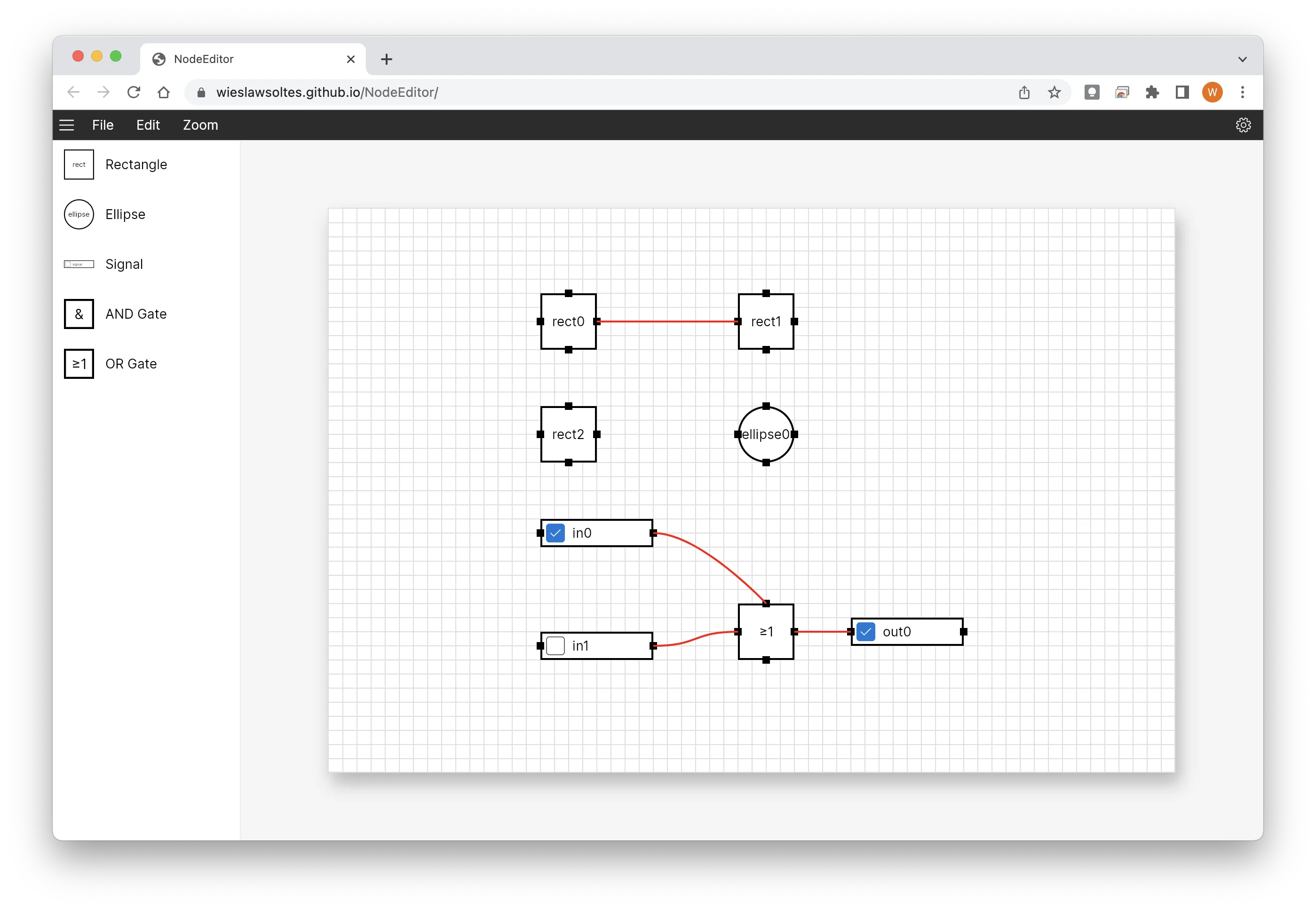 NodeEditor sample showing a connected node graph