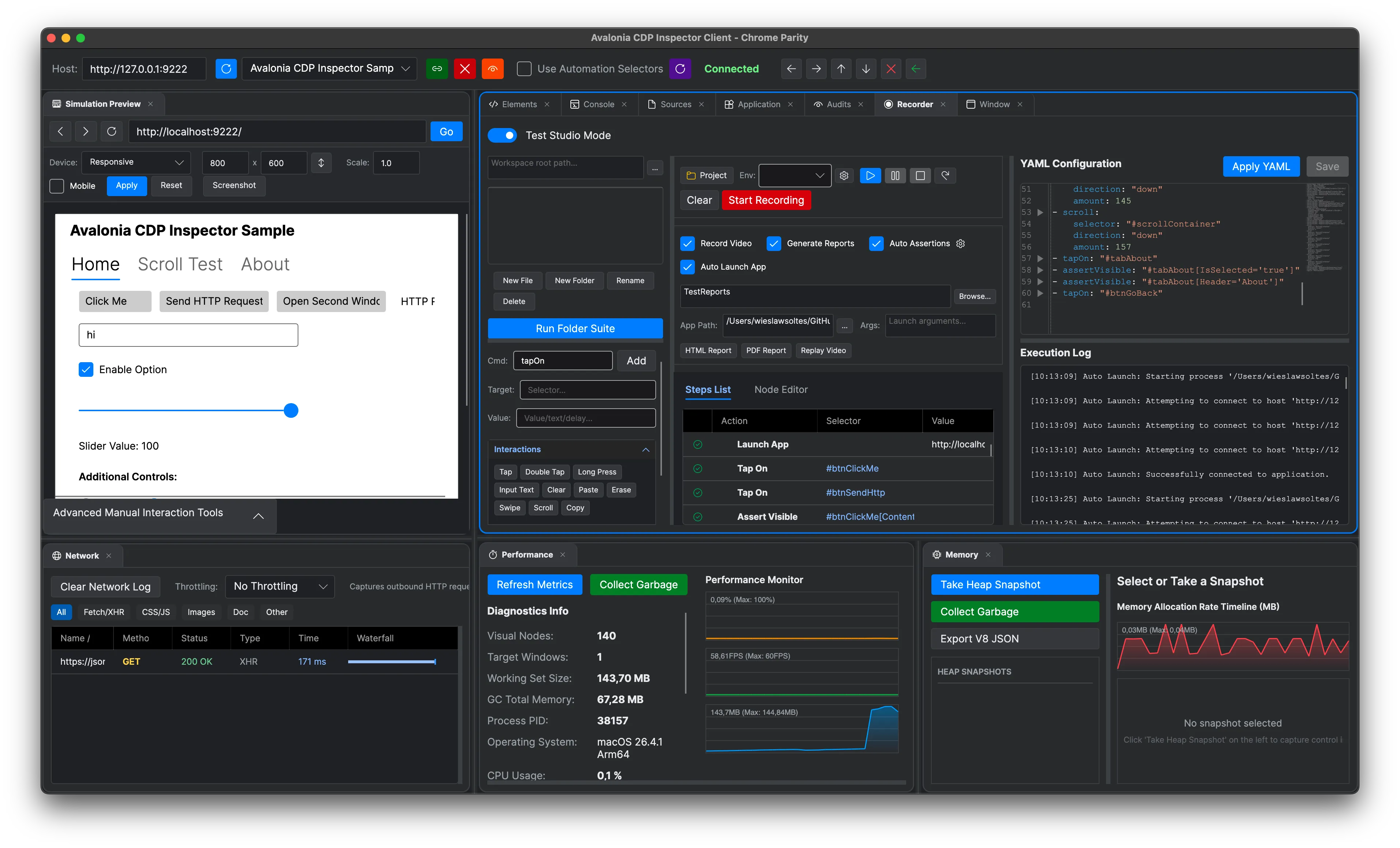 Chrome DevTools inspecting an Avalonia application through CDP