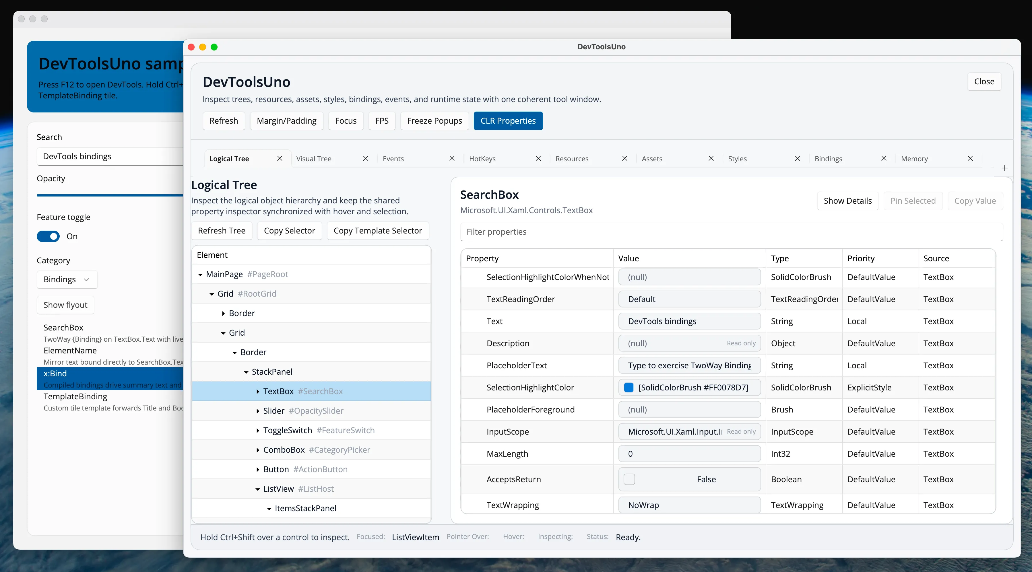 DevToolsUno inspecting a running Uno Platform application