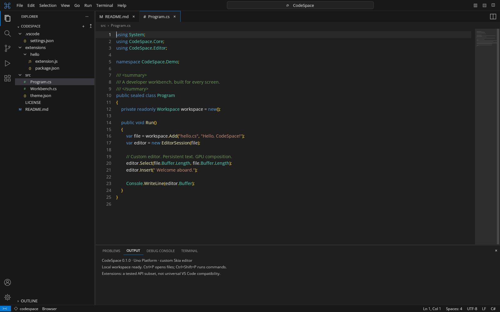CodeSpace running in the browser