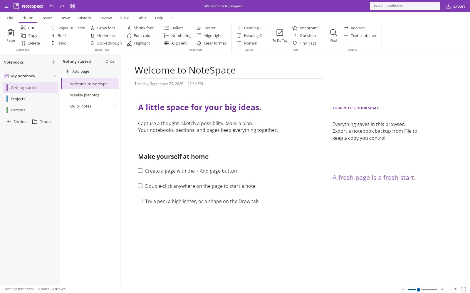 NoteSpace running in the browser